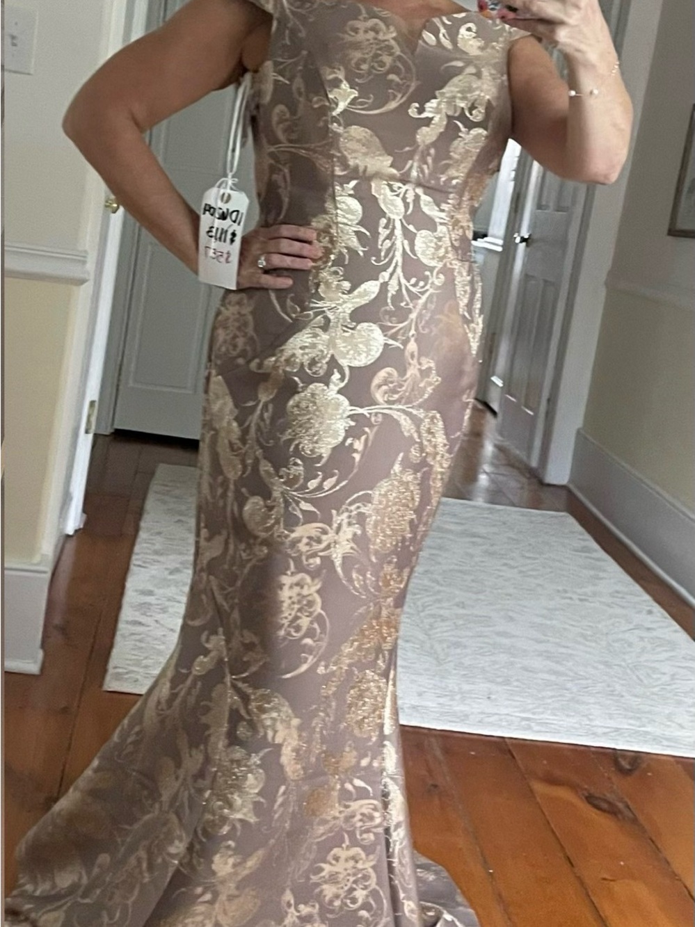 Ivonne D NWT caramel/gold Floral Jacquard Mermaid Gown with wrap- size 12